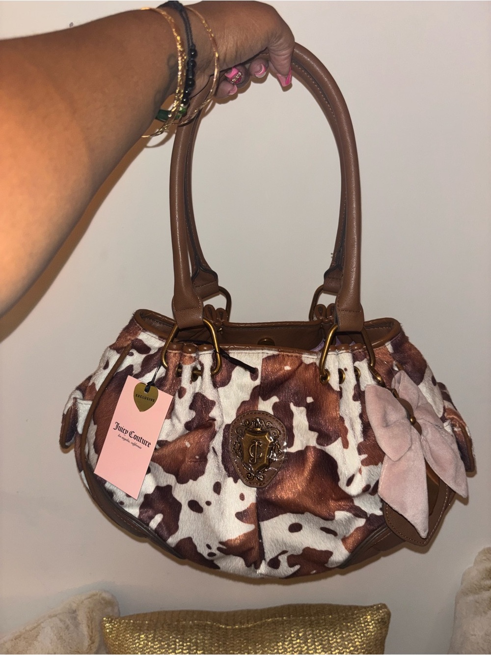 Juicy Couture Brown & White Cowhide Dome Satchel with Gold Crest